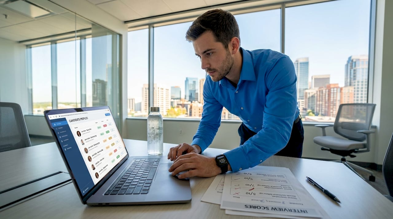 HR analyst reviewing candidate profiles and data