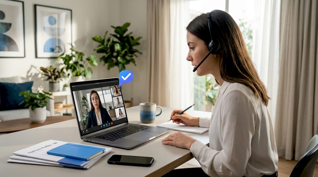 Candidate attending remote interview at home table