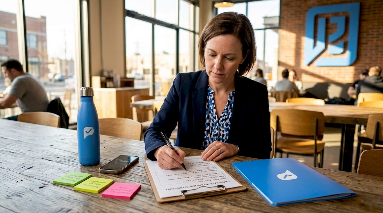 Interviewer filling out structured scorecard during interview