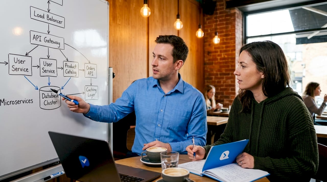 Engineers discussing system design interview question