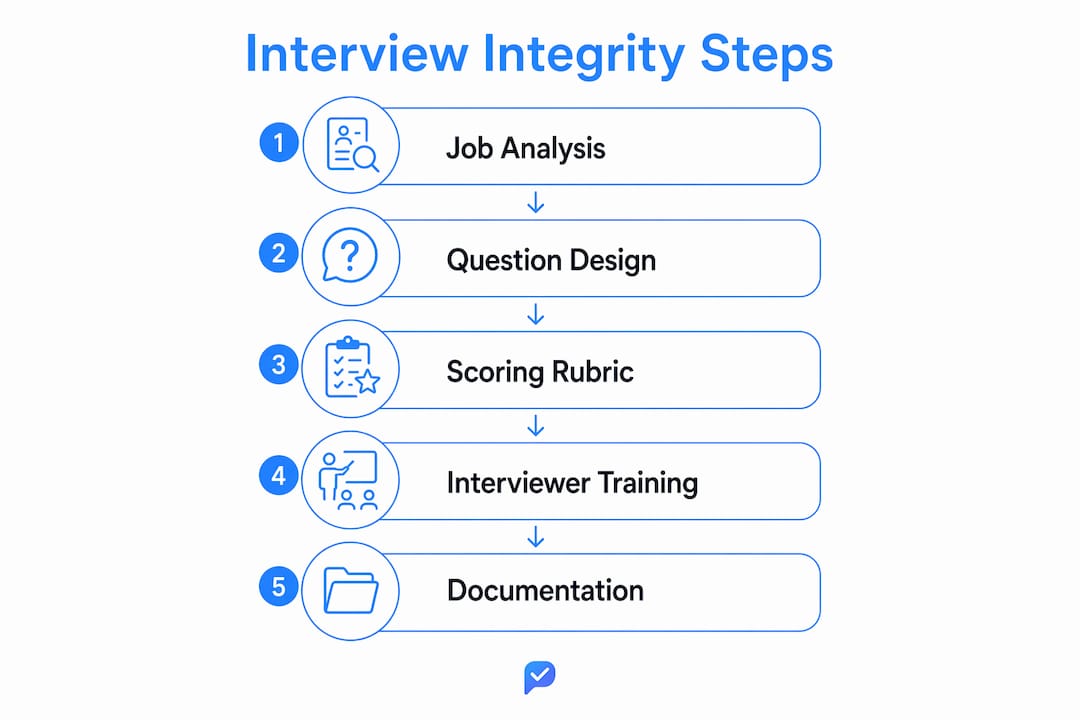 Infographic illustrating five steps to develop interview integrity guidelines
