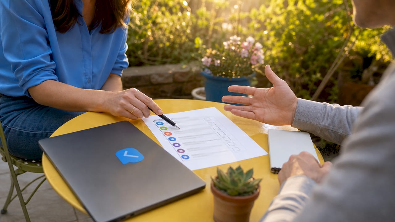 Hands exchanging structured interview feedback notes