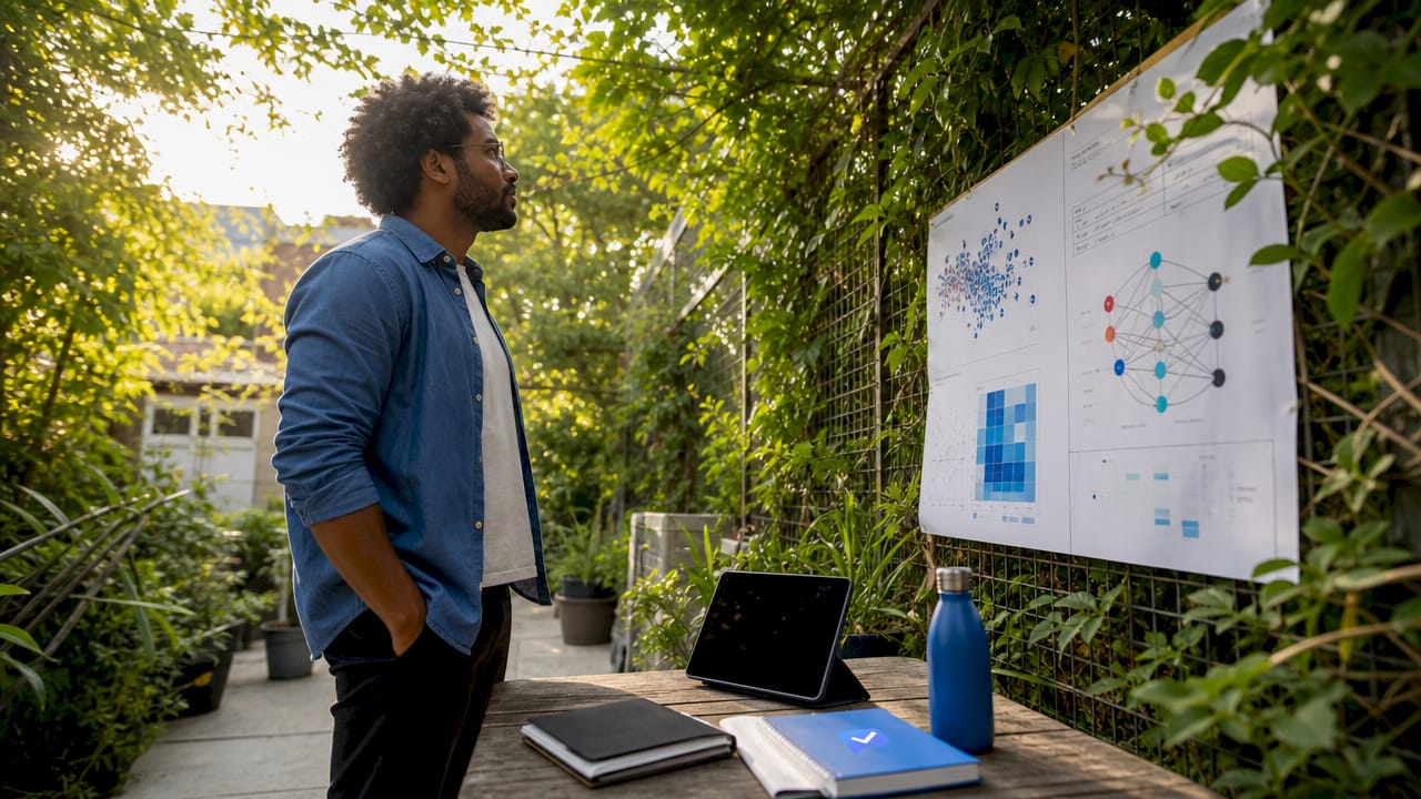 Data scientist analyzing AI scoring flowcharts on whiteboard