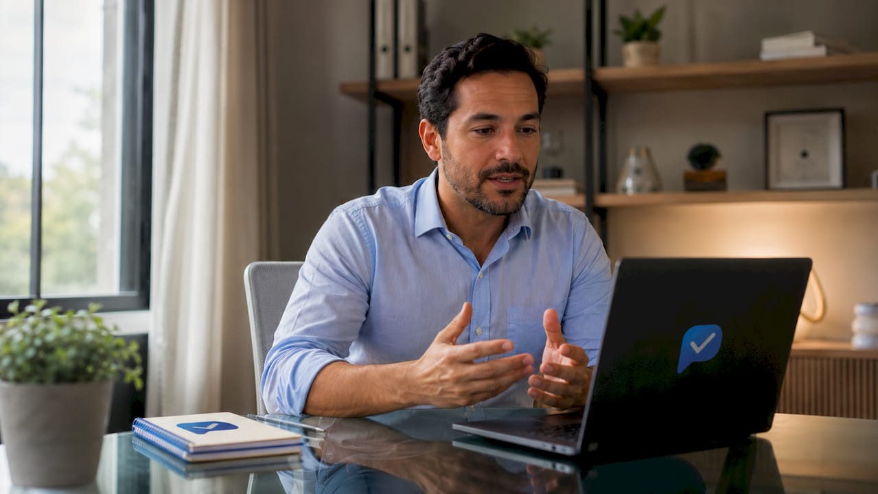 Man recording asynchronous interview response in meeting room