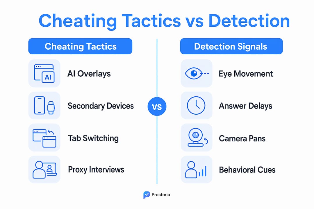 Infographic comparing cheating tactics and detection signals