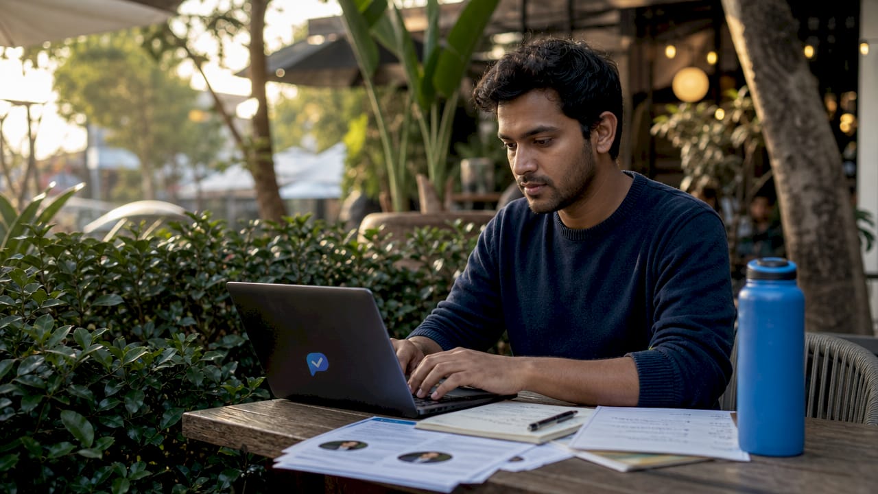 Hands typing on laptop with candidate notes