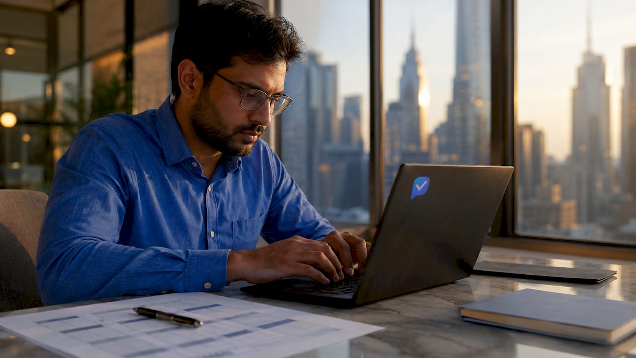 Man typing notes during structured interview evaluation