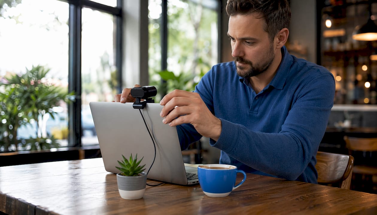 Recruiter adjusting webcam and microphone setup