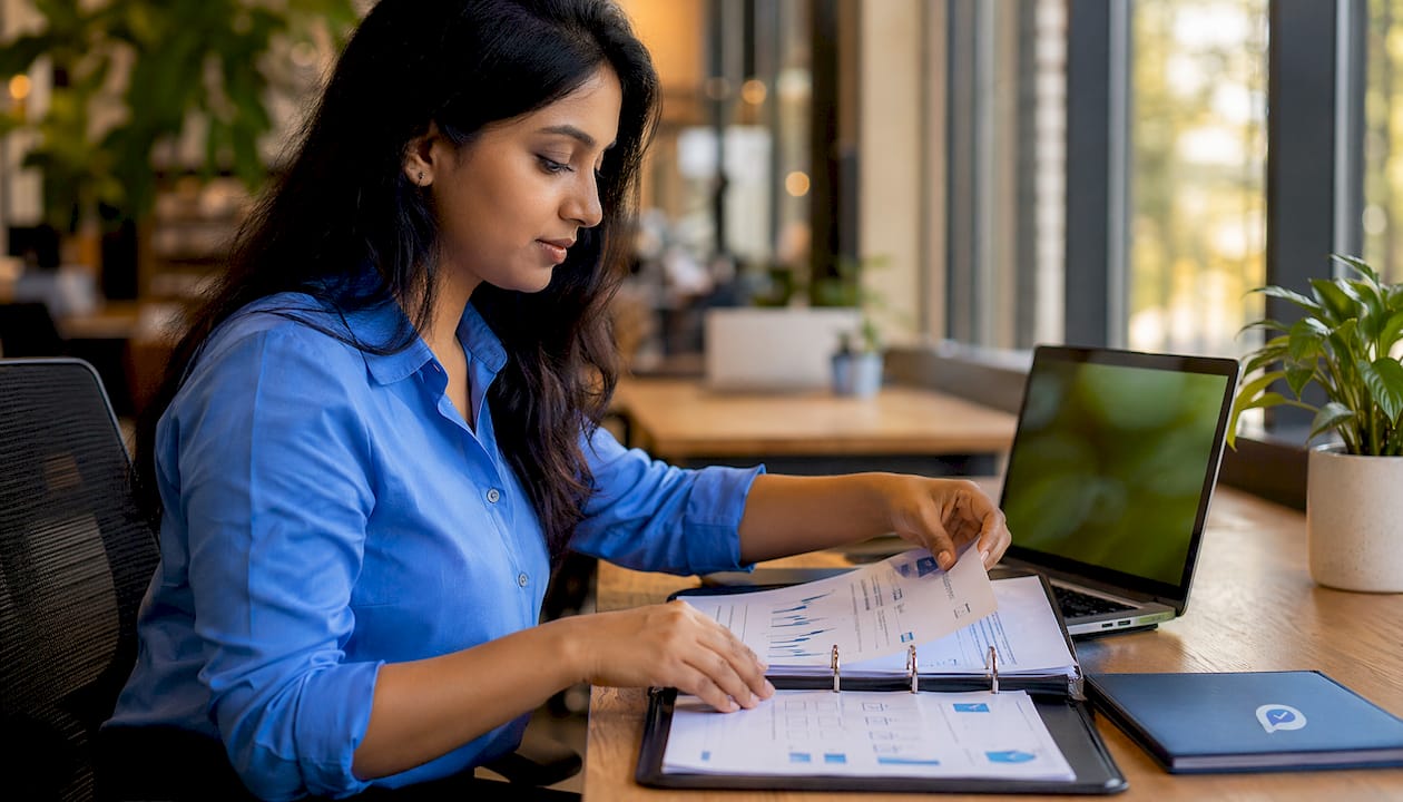 Hands organizing structured interview documents