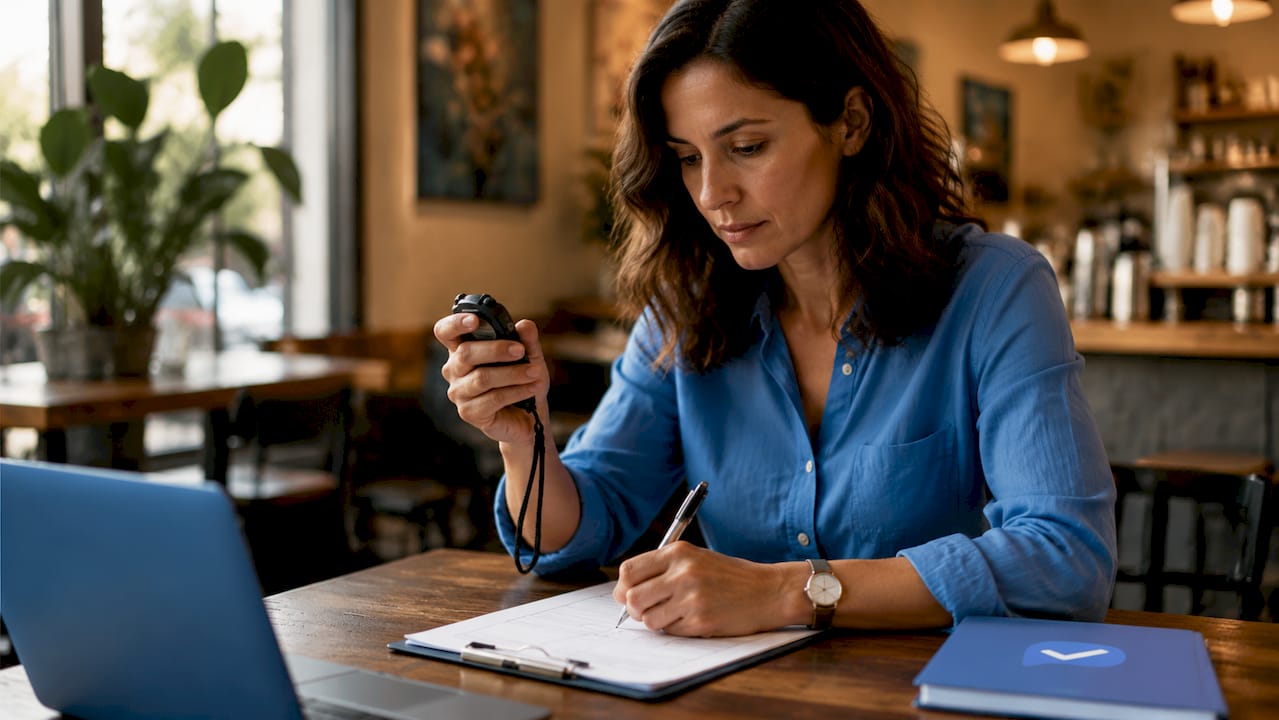 Interviewer using stopwatch and writing notes