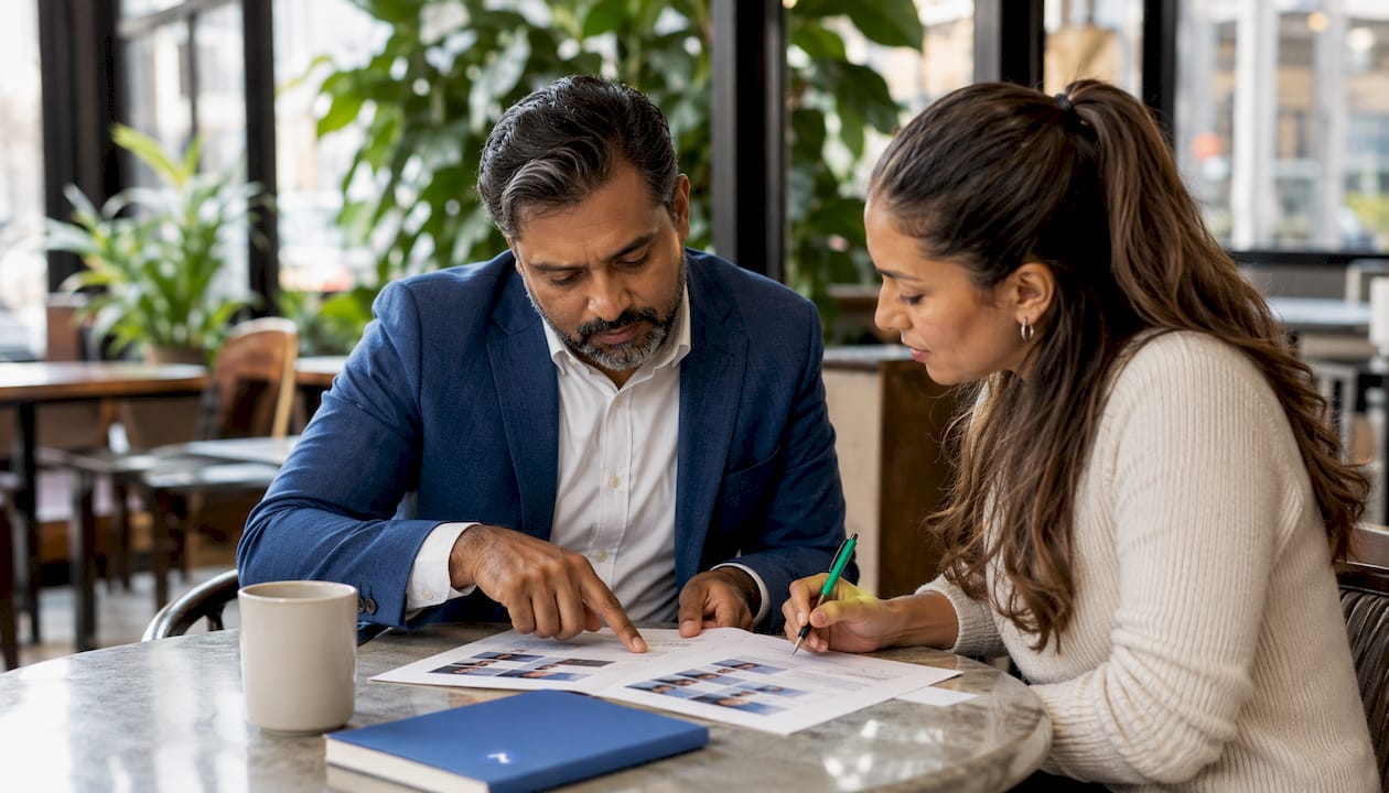 Two colleagues reviewing candidate profiles in office