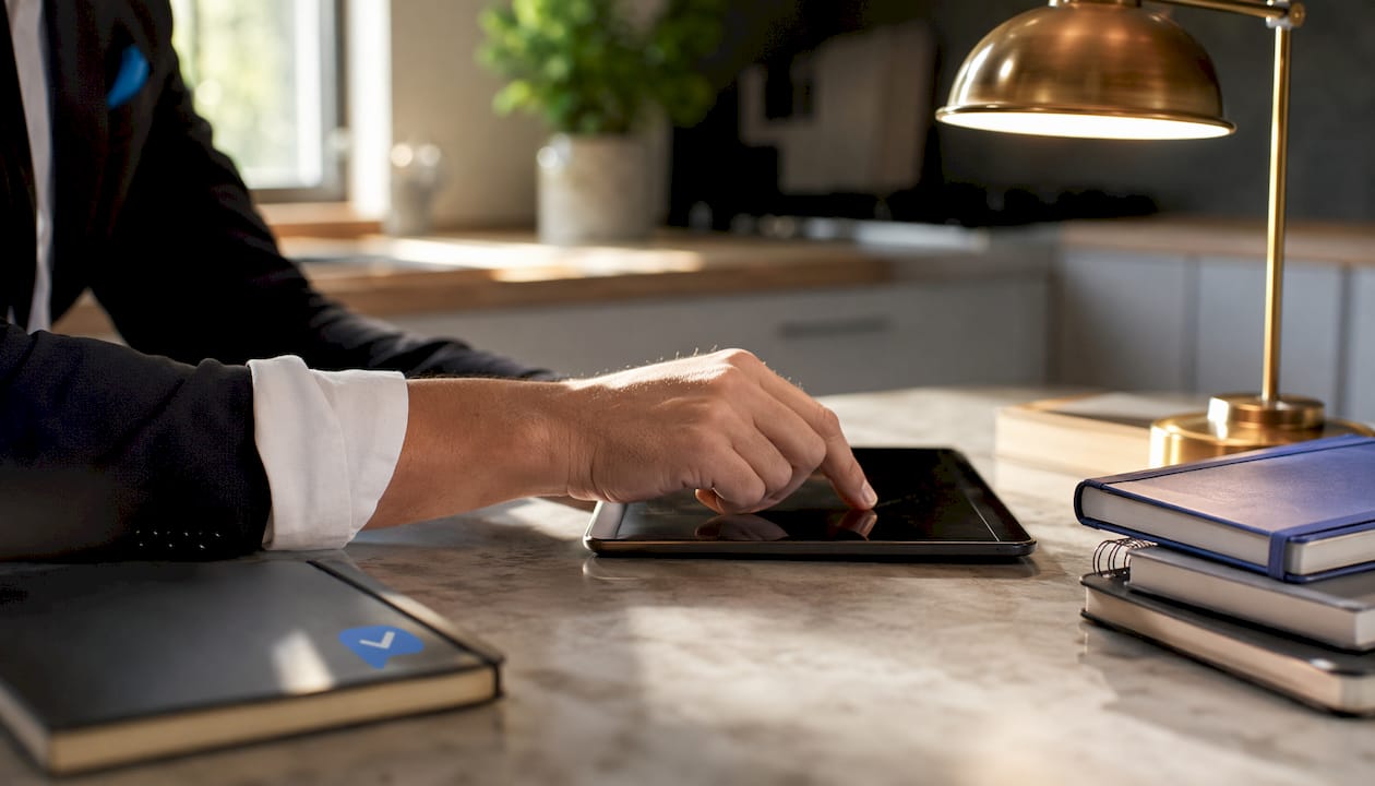 Hand adjusting AI screening settings on tablet