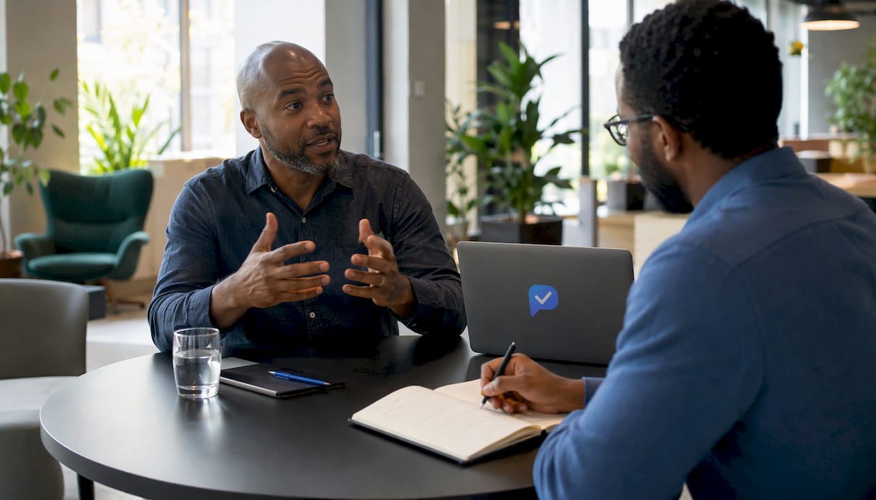 Two men selecting video interview technology in meeting room
