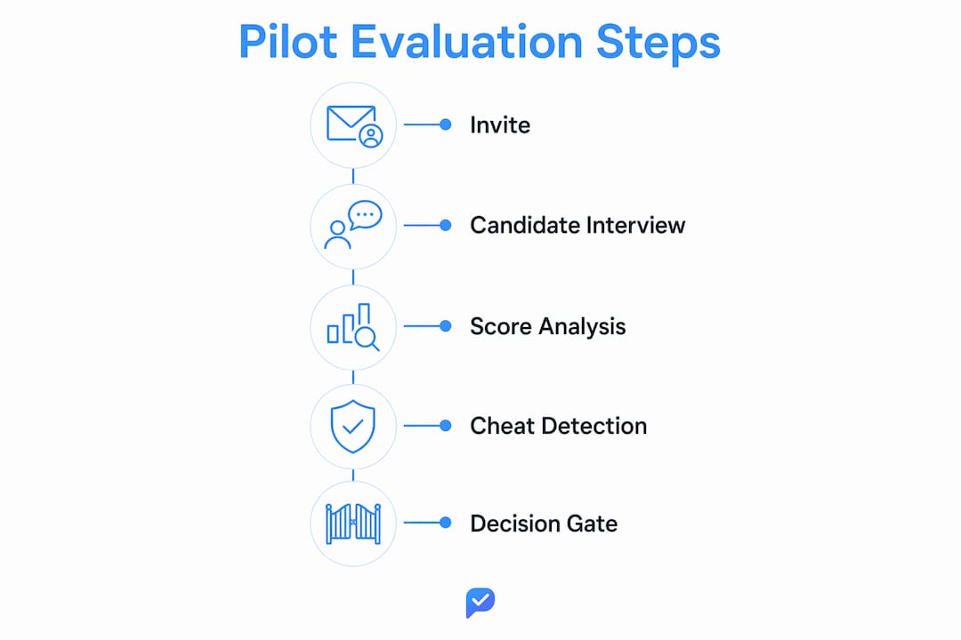 Infographic showing AI interviewer pilot evaluation steps