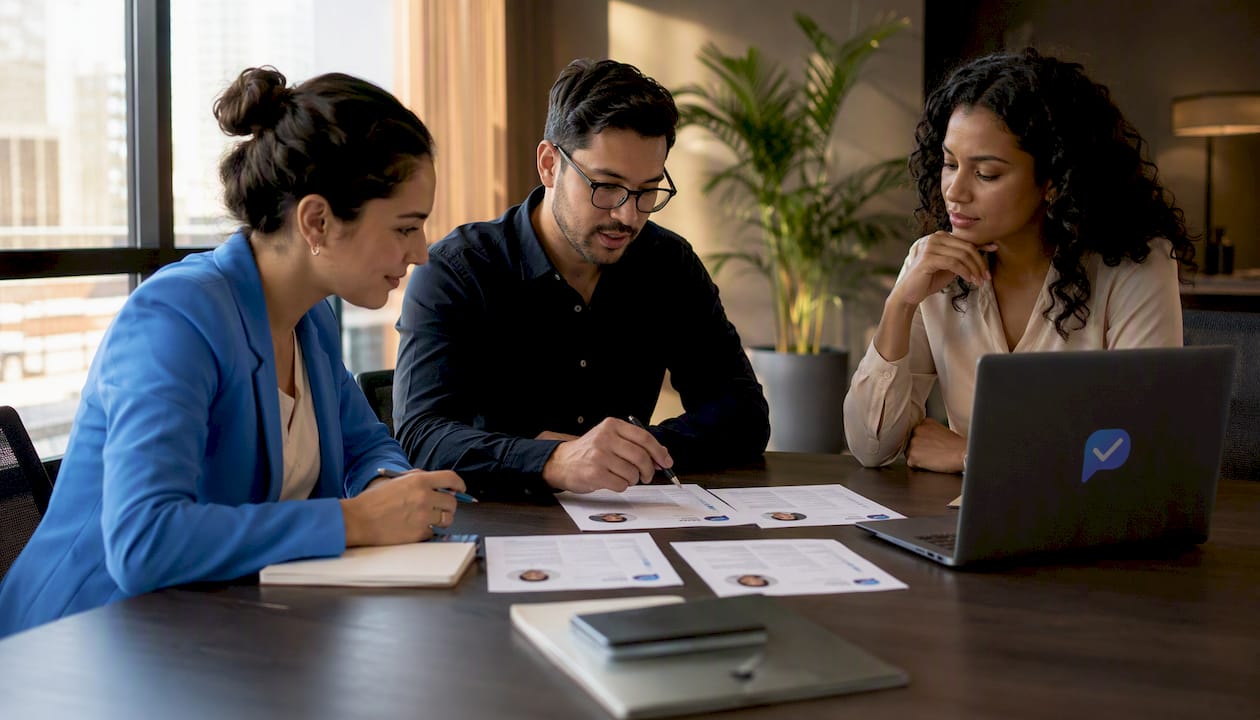 Team discussing candidate screening in coworking space
