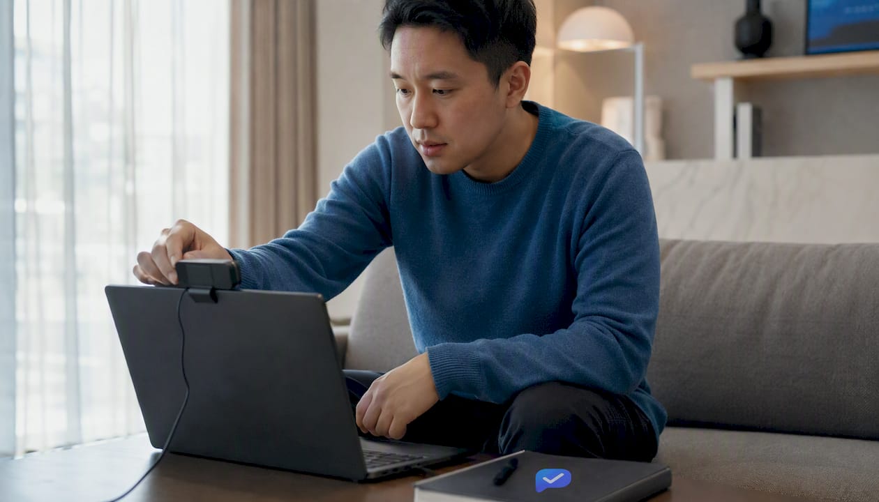 Person adjusting webcam for eye-tracking setup