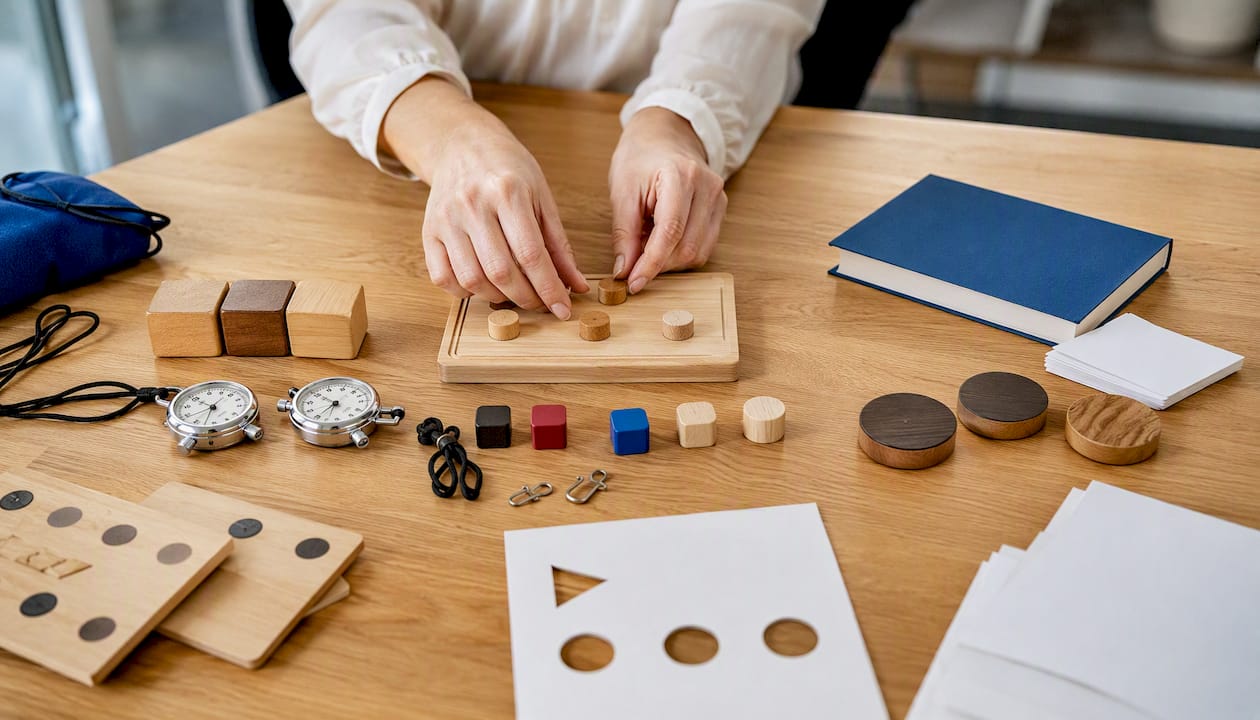 Hands preparing job assessment simulation tools