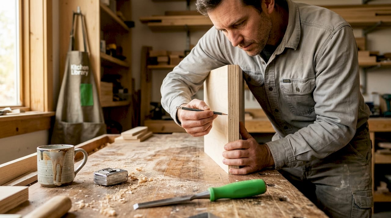 Carpenter showing plywood cabinet cross-section