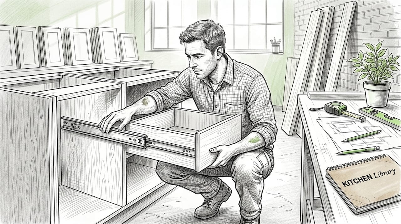 Installer checks cabinet drawer hardware in workshop
