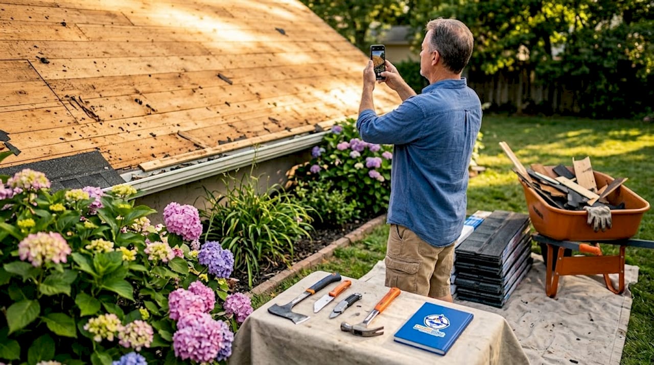 Homeowner documenting roof installation stages with phone