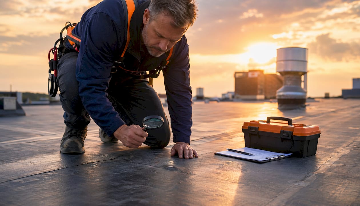 Roof inspector checking membrane blisters on commercial roof