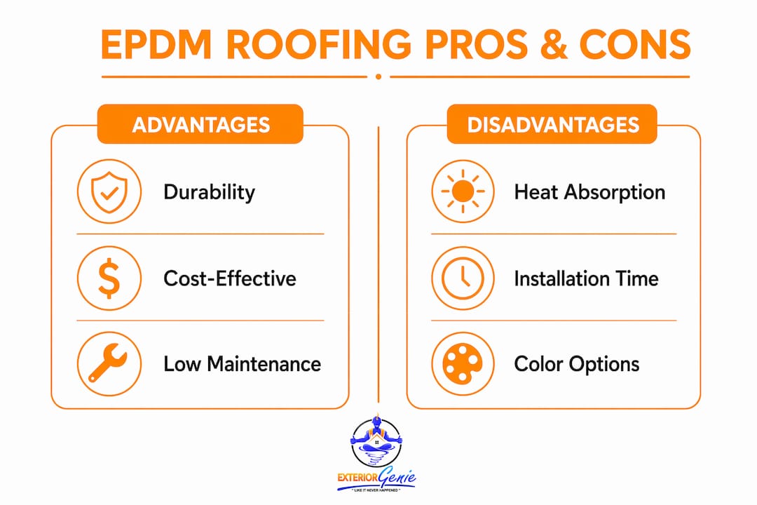Infographic showing advantages and disadvantages of EPDM roofing