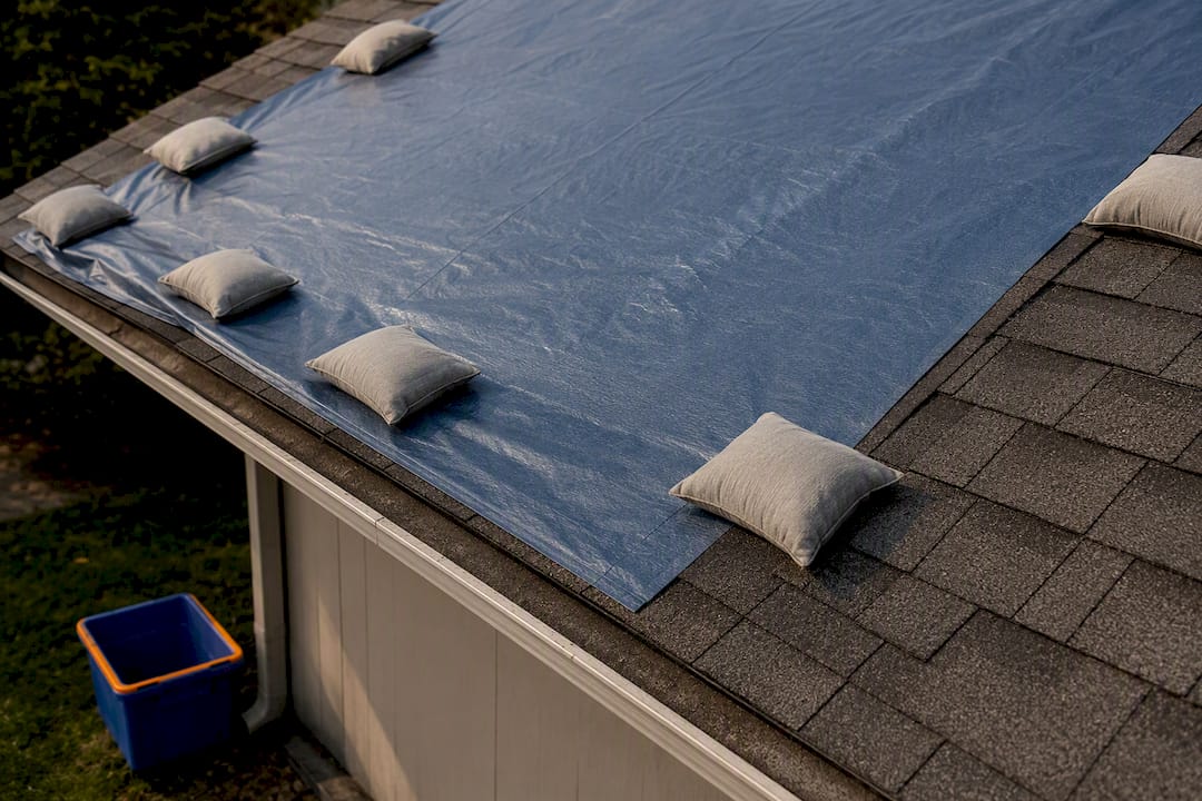 Weighted tarp covering temporary roof repair