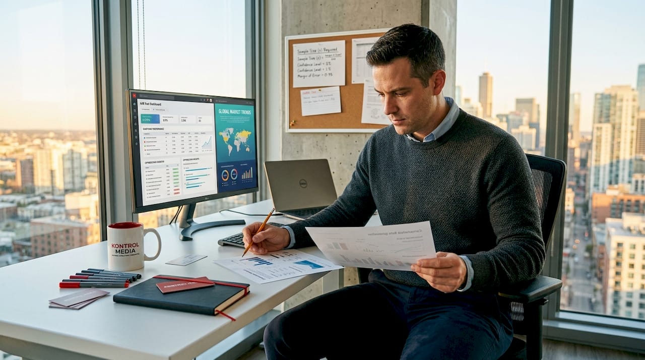 Marketer at desk working on experiment statistics