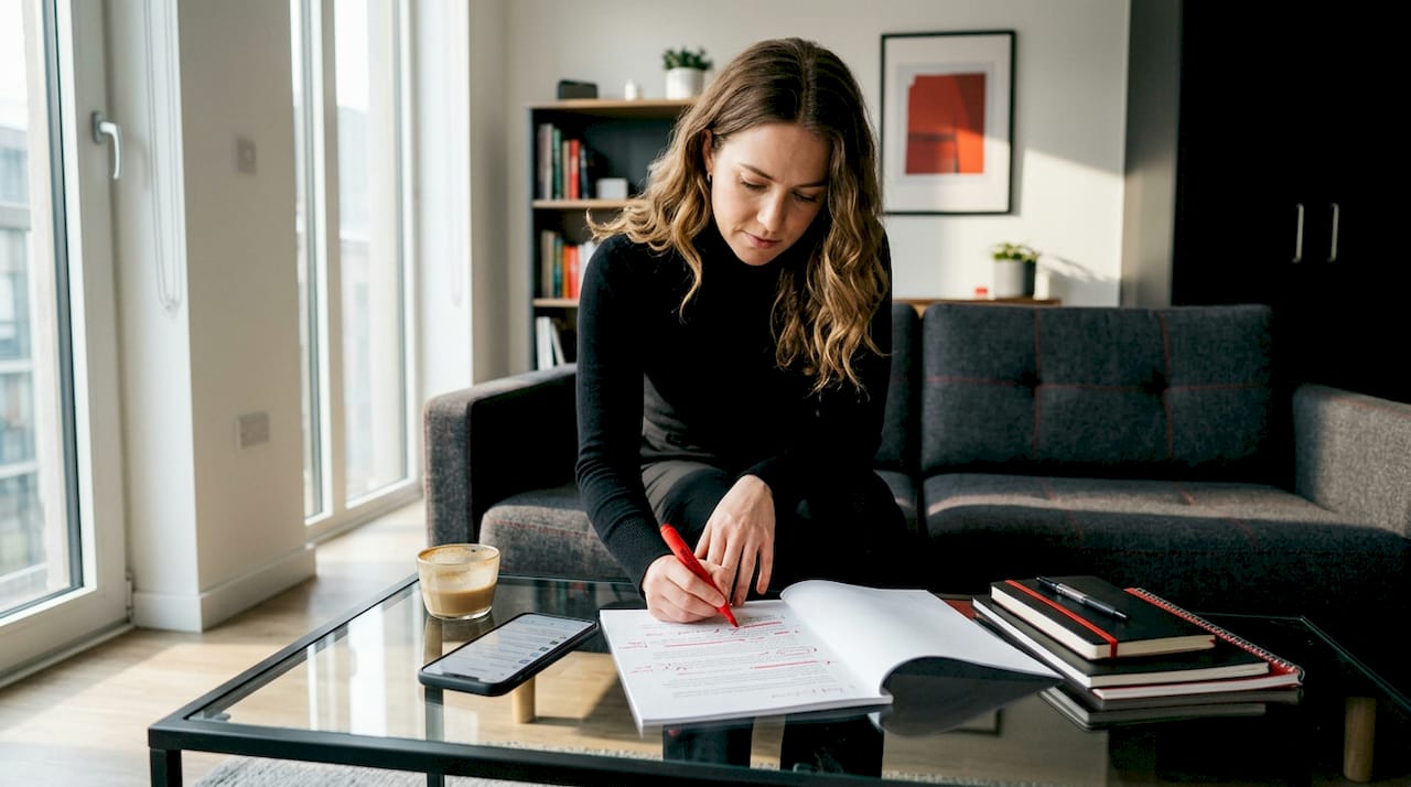 Copywriter edits brand messaging draft at home