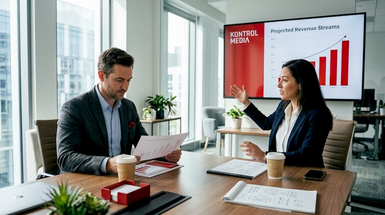 Advertiser pitch meeting in bright boardroom