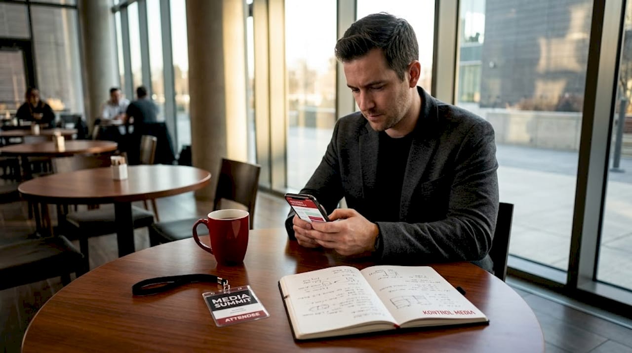 Man checking conference session app at lounge table