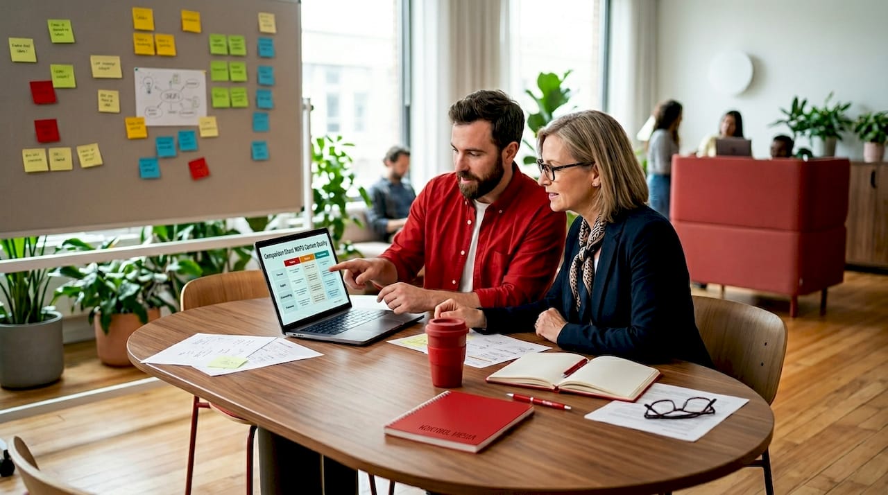 Team reviewing middle funnel content formats