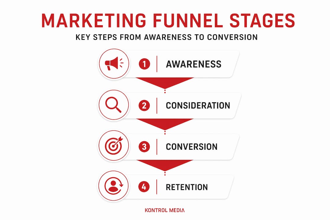 Vertical flow infographic showing marketing funnel stages
