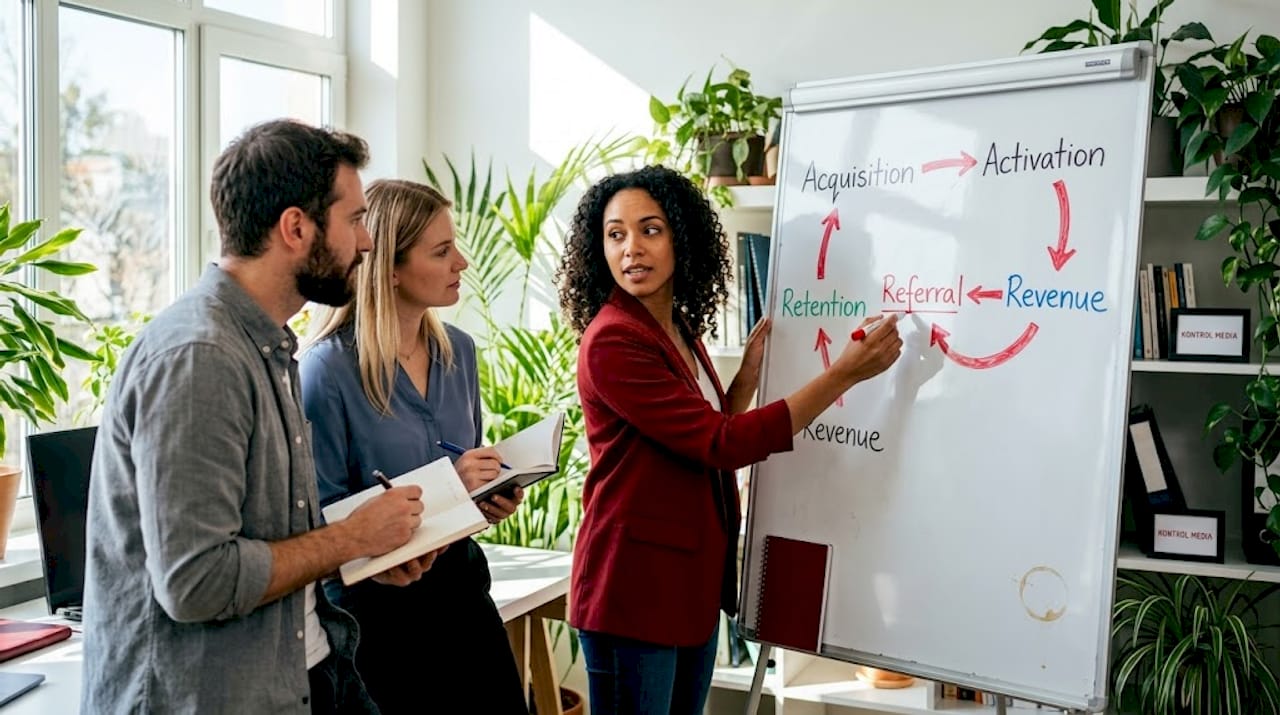 Team discusses AARRR funnel at whiteboard