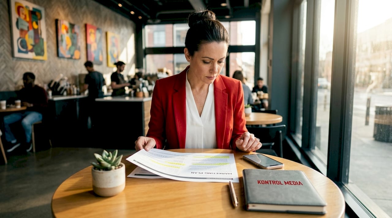 Manager reviewing marketing strategy documents