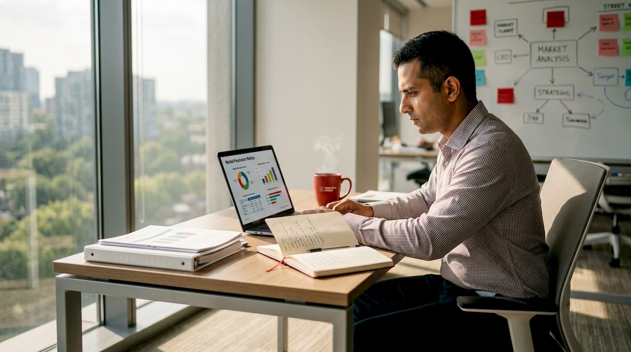 Marketing analyst working on market strategy charts