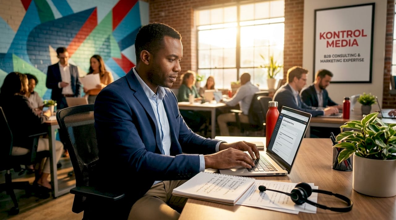 Market research analyst preparing B2B survey in office
