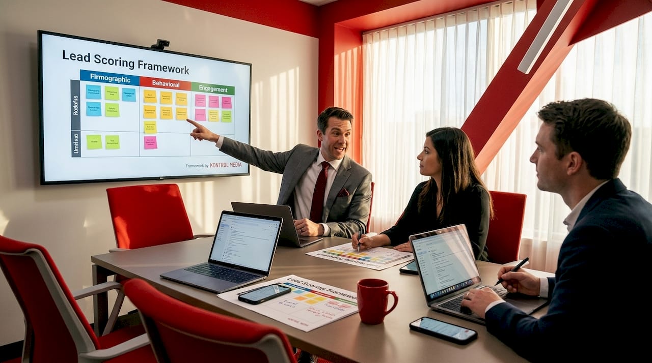 Team discussing lead scoring model in meeting room