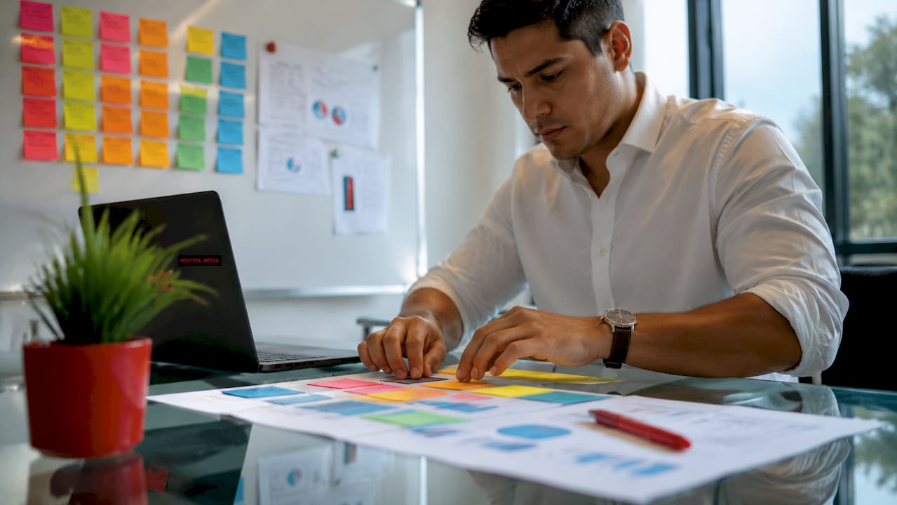 Hands organizing audience data with sticky notes