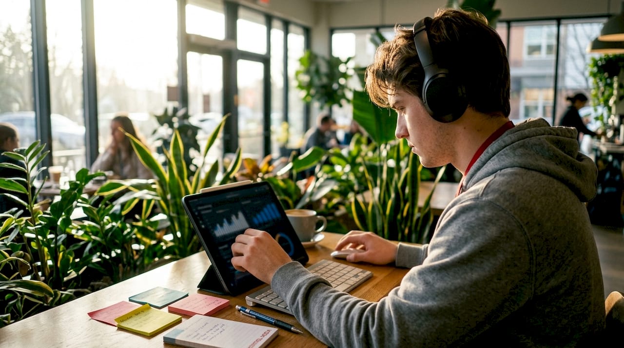 Marketer analyzing digital campaign data on devices