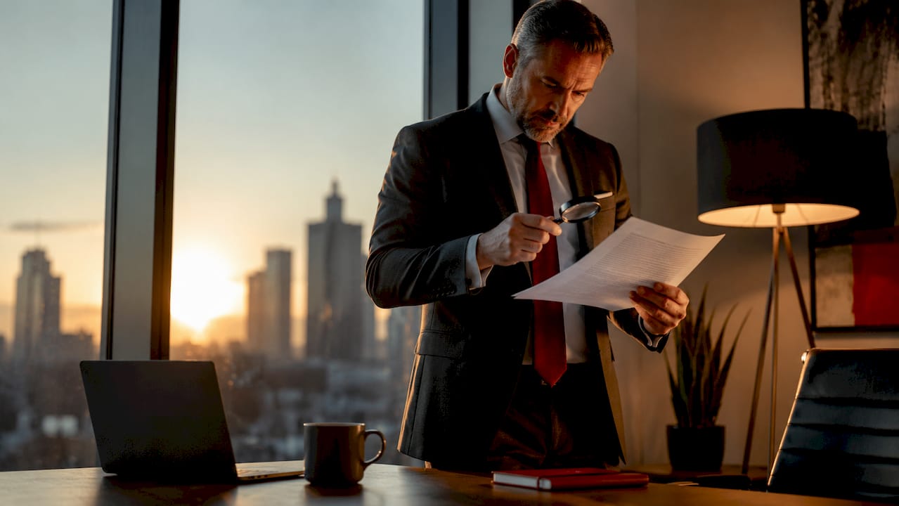 Executive reviewing business documents at home desk