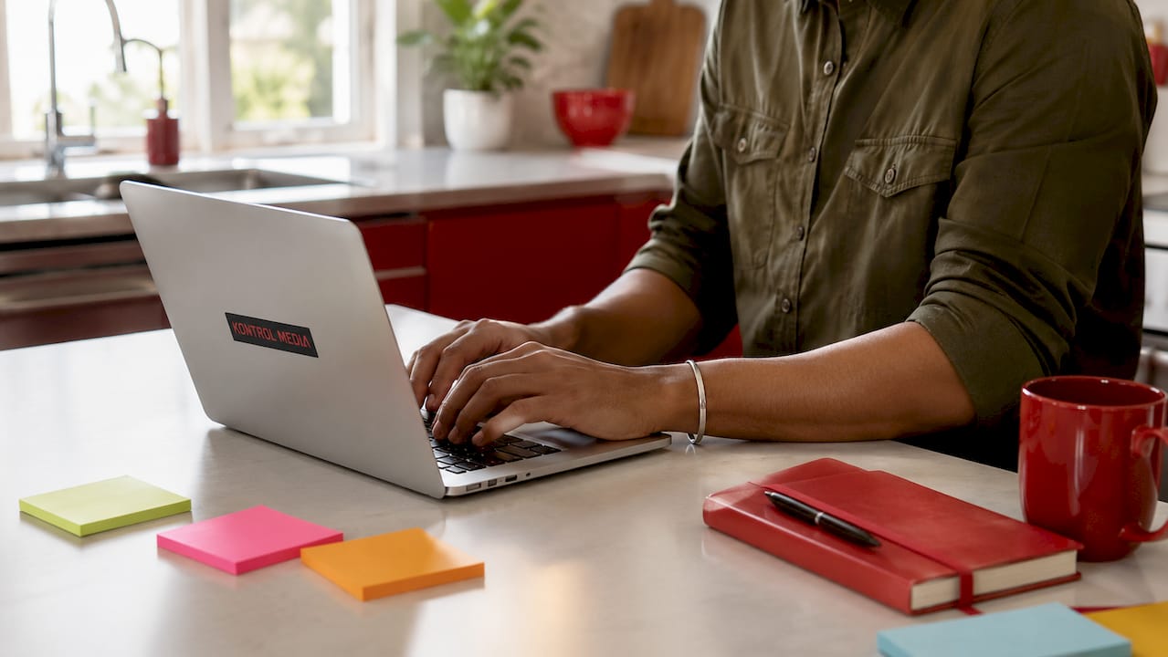 Hands typing on laptop in coworking space
