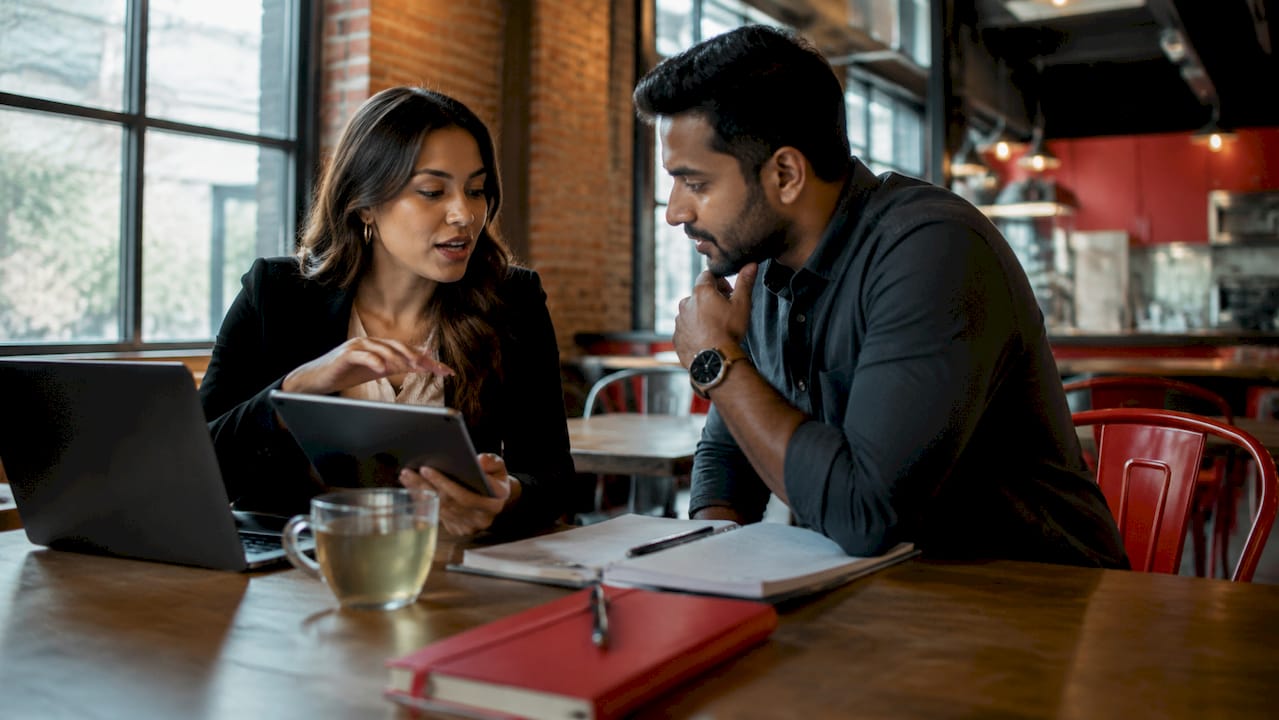 Marketers discussing messaging in collaborative workspace