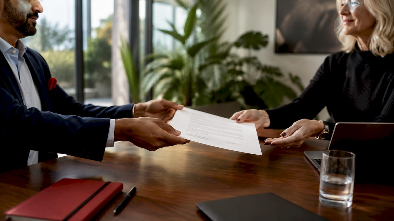 Hands exchanging joint venture agreement papers