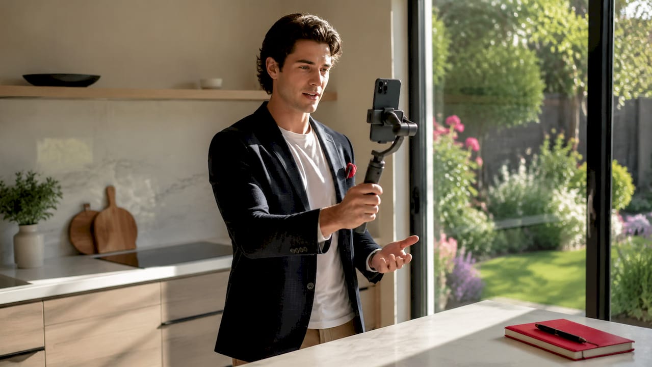 Agent filming local real estate market video outdoors