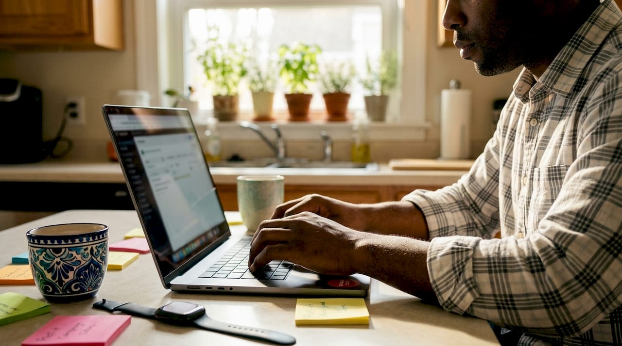 Hands typing social media ad campaign on laptop