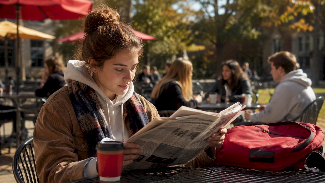 Student reading campus newspaper at student center