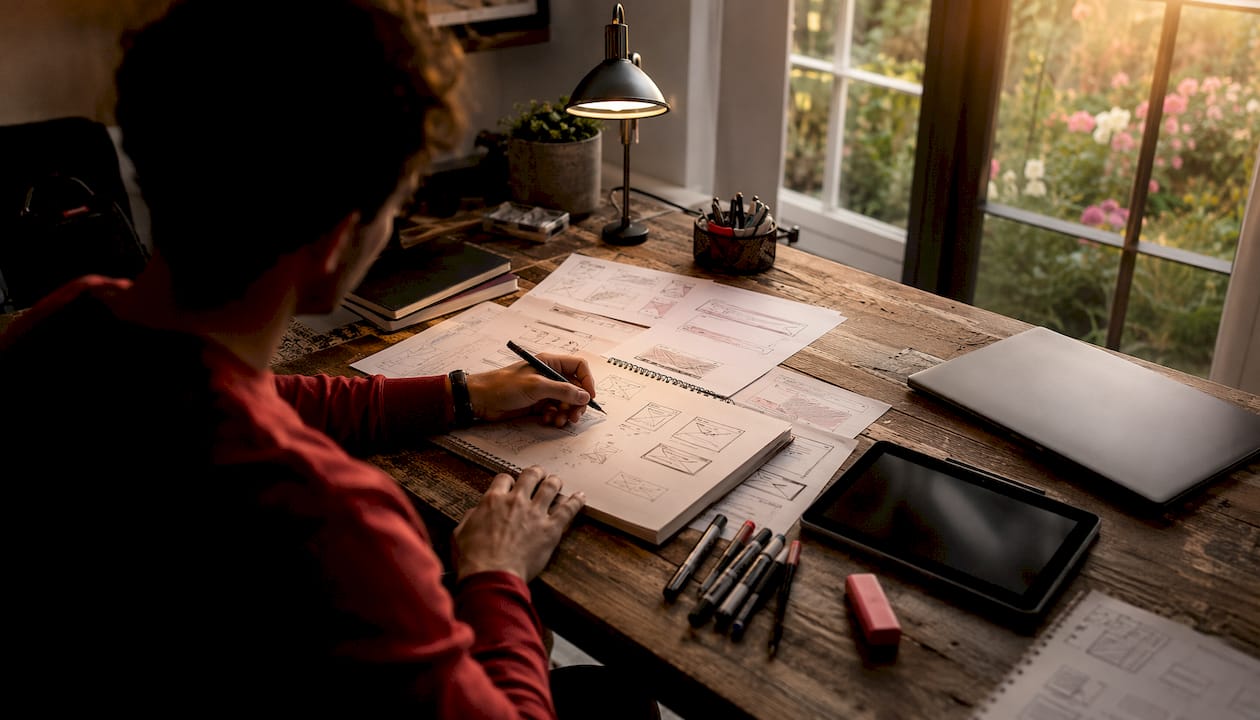 Graphic designer working on advertising media kit layout sketches