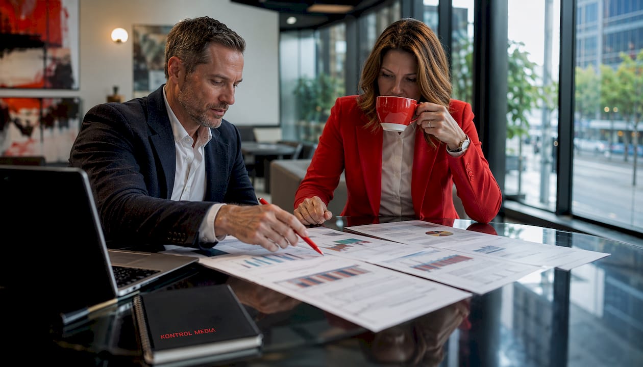 Entrepreneurs discussing printed advertising media kit data