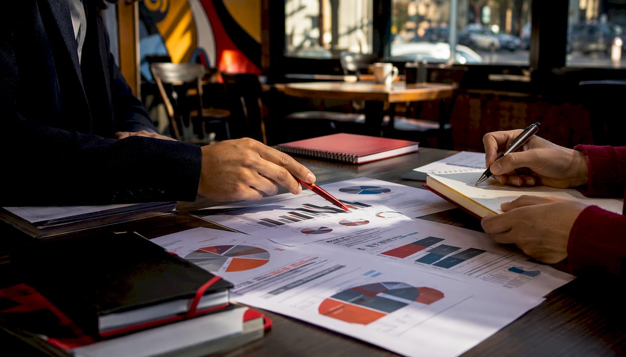 Consultants reviewing analytics reports together